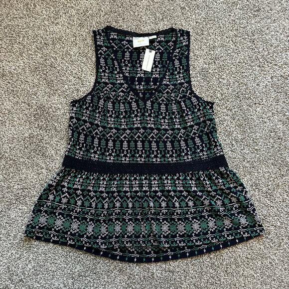 Maeve Anthropologie navy green & white embroidered v-neck tank top size S NWT - Picture 7 of 13